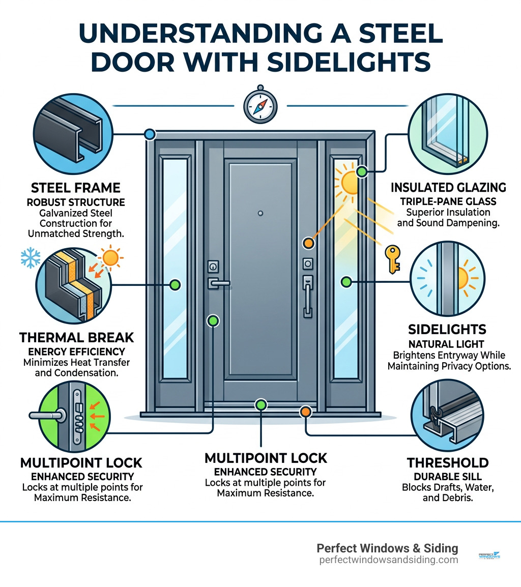 Infographic showing components of a steel door with sidelights: steel frame, thermal break, insulated glazing, sidelights