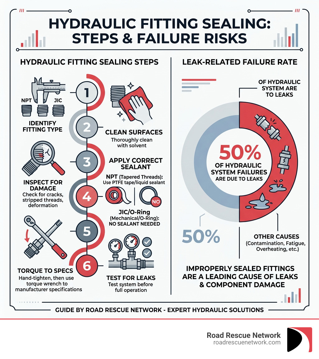 Infographic showing hydraulic fitting sealing steps and 50% failure rate from leaks - how to seal hydraulic fittings