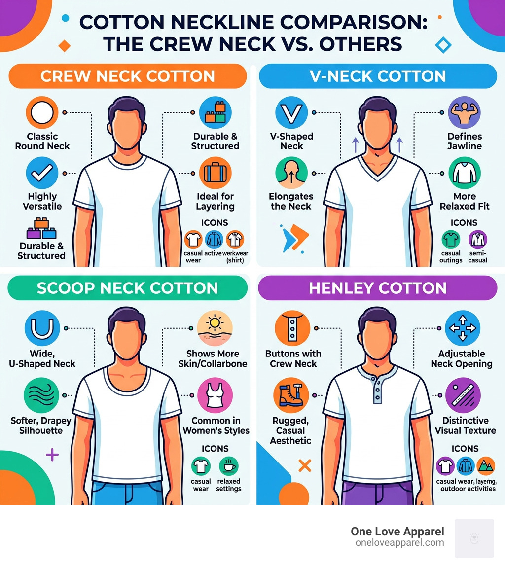 Infographic comparing crew neck cotton to V-neck, scoop neck, and henley necklines - Crew neck cotton infographic Infographic comparing crew neck cotton to V-neck, scoop neck, and henley necklines - Crew neck cotton infographic