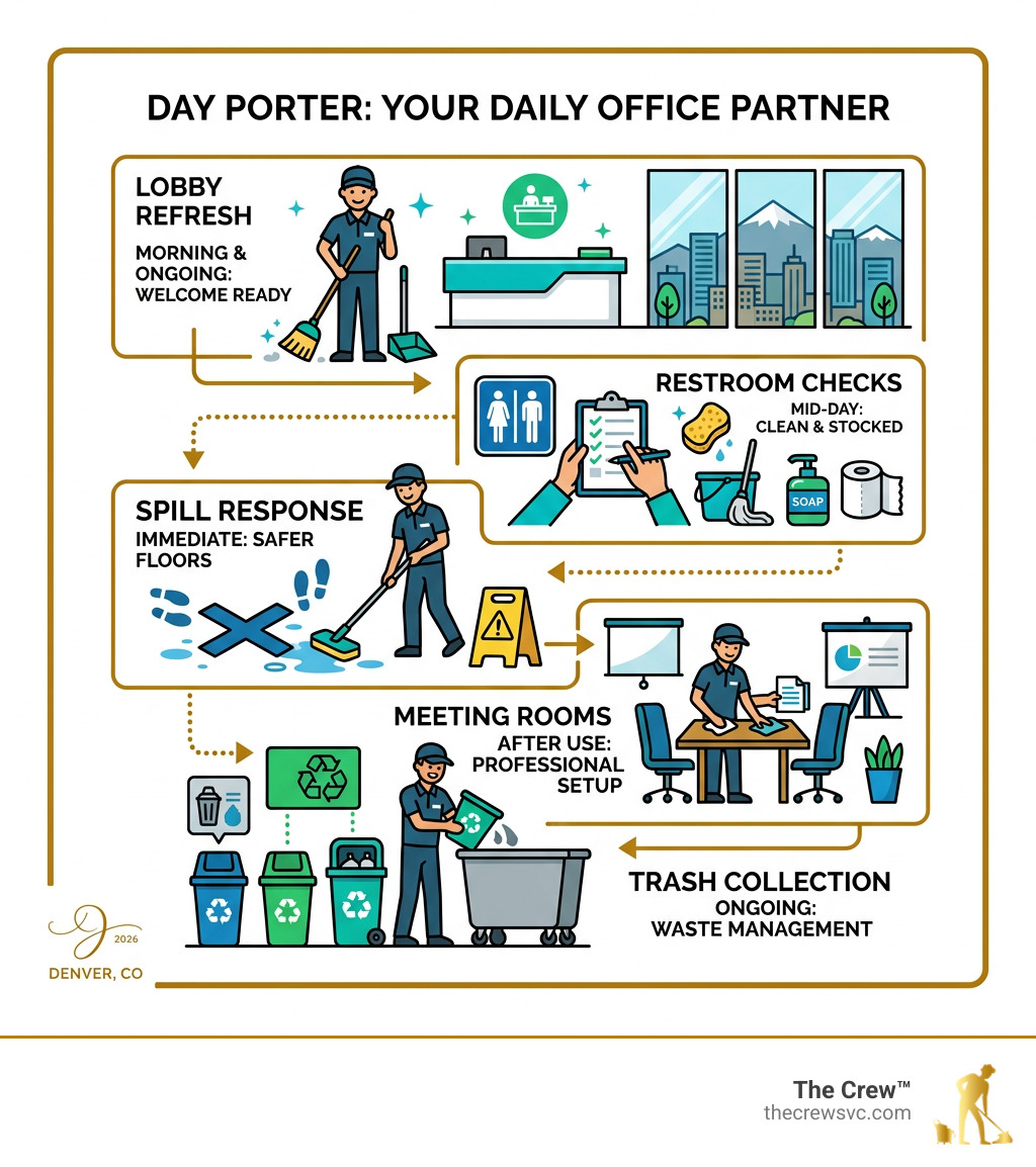 Daily workflow infographic of a day porter in a Denver office: lobby, restrooms, spills, meeting rooms, trash - day porter Daily workflow infographic of a day porter in a Denver office: lobby, restrooms, spills, meeting rooms, trash - day porter