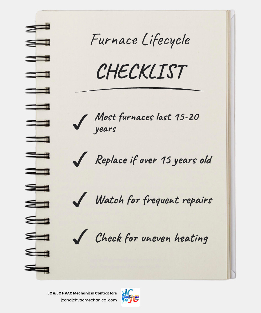 Furnace replacement lifecycle infographic showing warning signs, system types, installation steps, and maintenance timeline Furnace replacement lifecycle infographic showing warning signs, system types, installation steps, and maintenance timeline