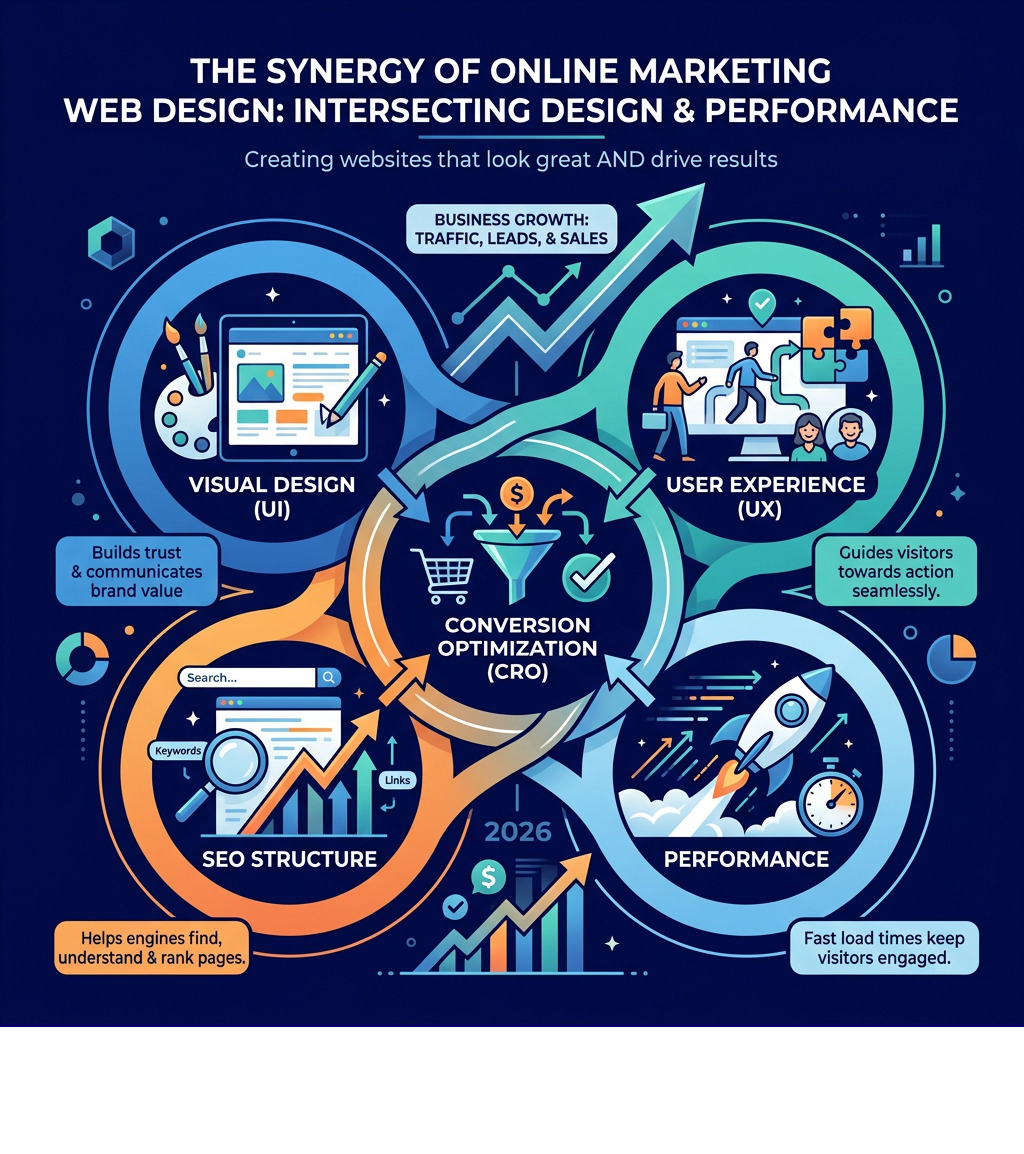 Web design and digital marketing intersection infographic showing UI, UX, SEO, performance, and CRO - online marketing web