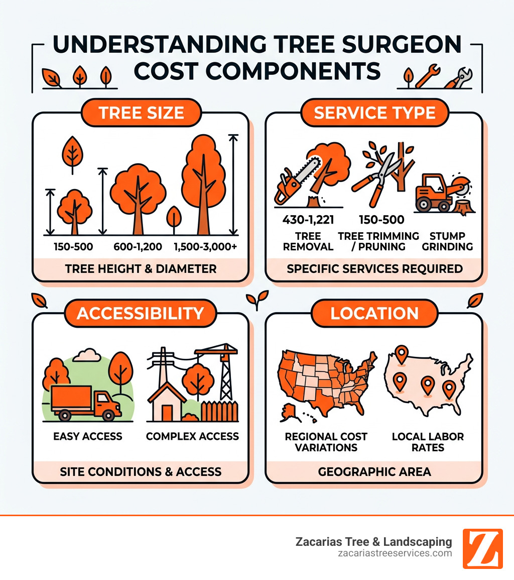 Infographic showing tree surgeon cost components: tree size, service type, accessibility, and location - average price for