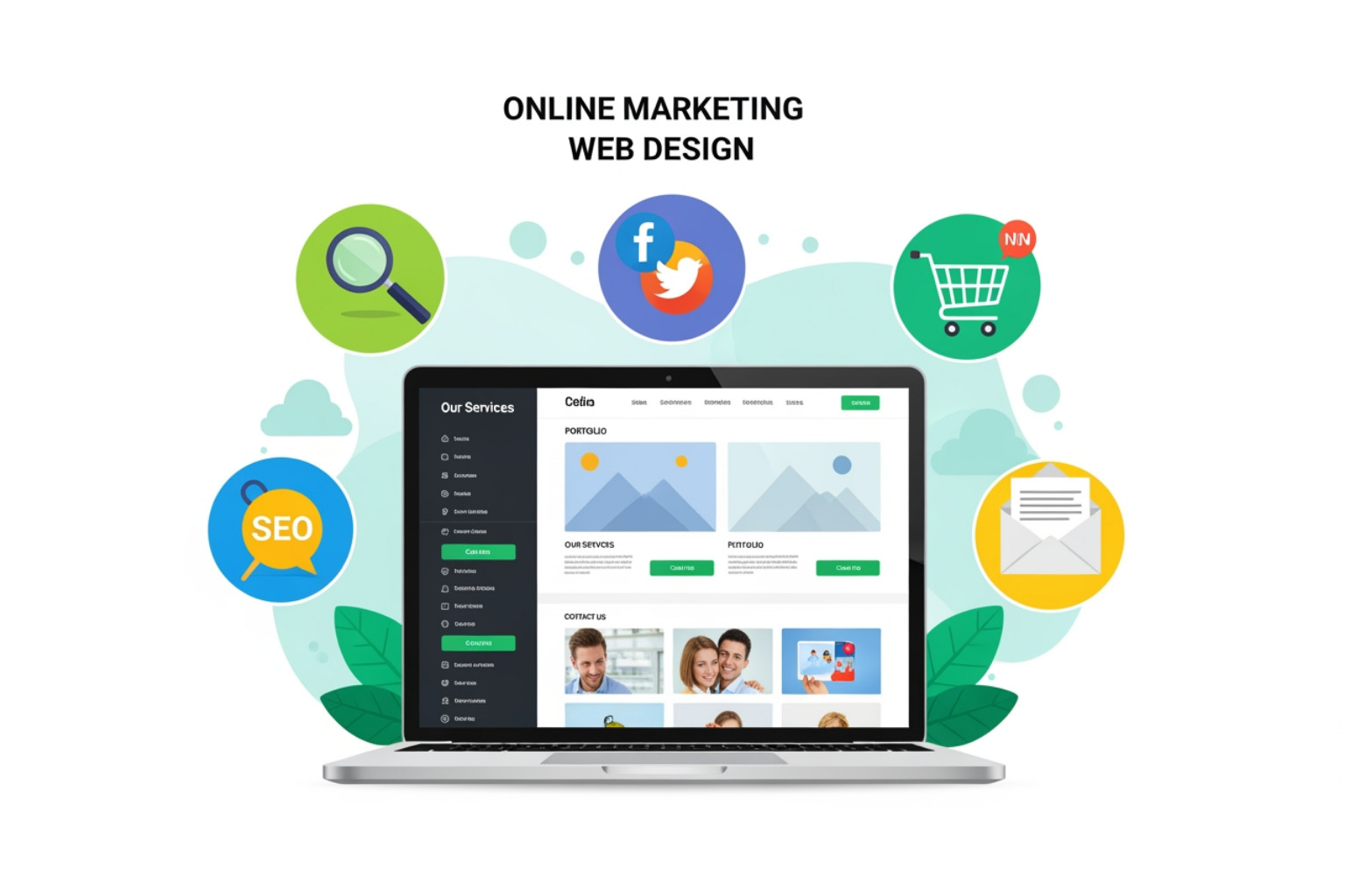 Omnichannel digital presence showing the website connected to social, email, and search - online marketing web design