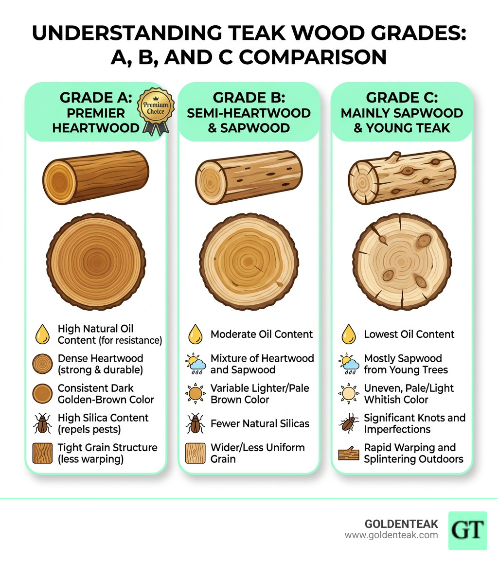 Infographic comparing Grade A, B, and C teak wood quality characteristics - Grade A teak patio table infographic Infographic comparing Grade A, B, and C teak wood quality characteristics - Grade A teak patio table infographic