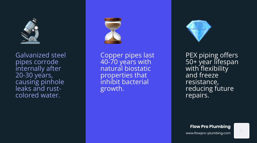 Infographic showing the lifecycle of common home pipe materials including galvanized steel PEX and copper - affordable Infographic showing the lifecycle of common home pipe materials including galvanized steel PEX and copper - affordable