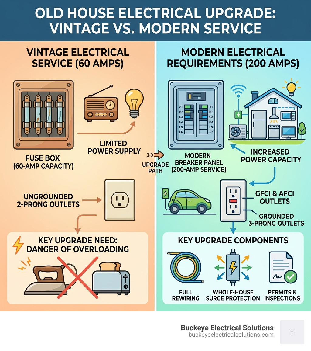 Infographic comparing 60-amp vintage electrical service vs. 200-amp modern requirements with key upgrade components - Old Infographic comparing 60-amp vintage electrical service vs. 200-amp modern requirements with key upgrade components - Old