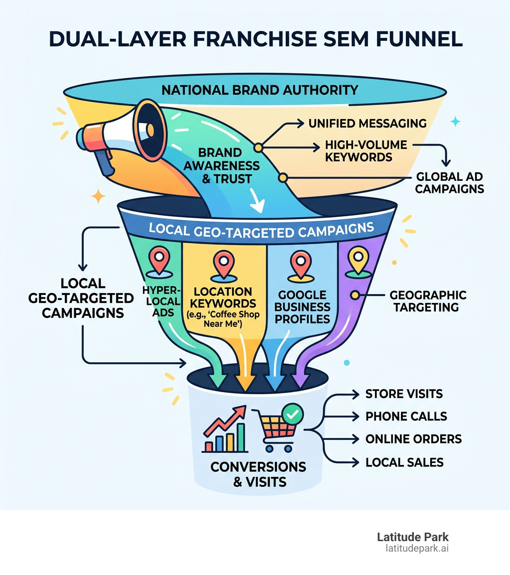 Dual-layer franchise SEM funnel showing national brand authority feeding into local geo-targeted campaigns and conversions