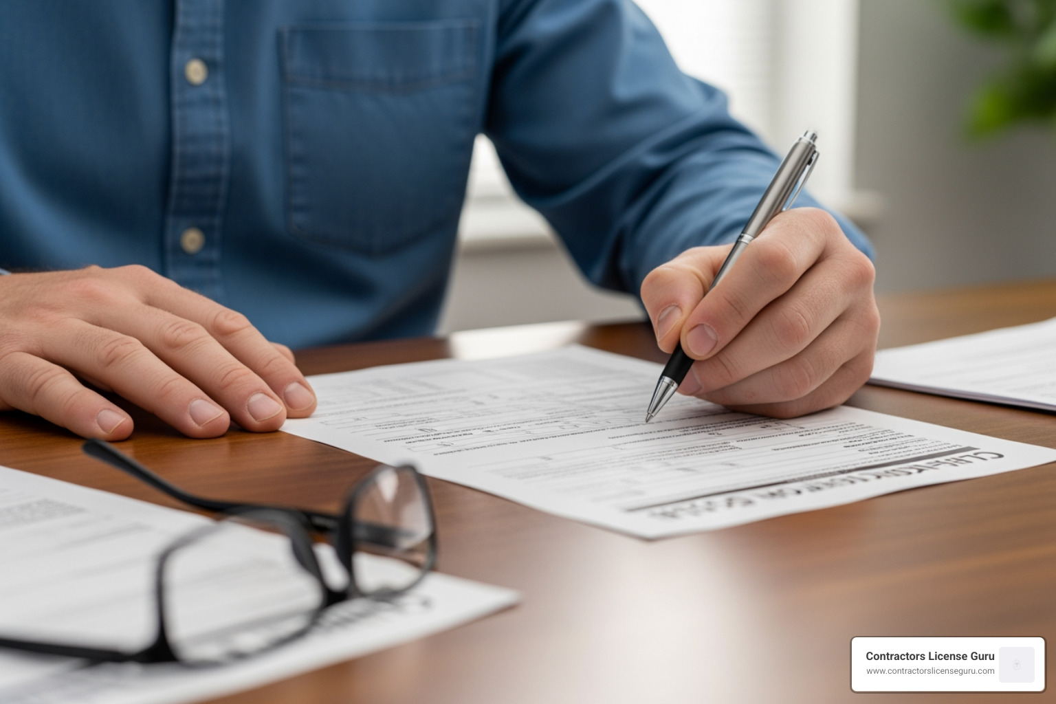 Official CSLB application documents being filled out by a professional - California plumbing contractor license