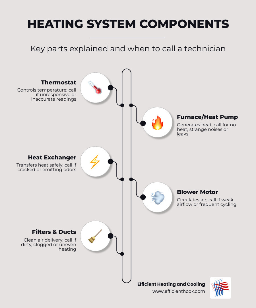 infographic showing key components of a home heating system and when to call a technician - heating unit repair technicians