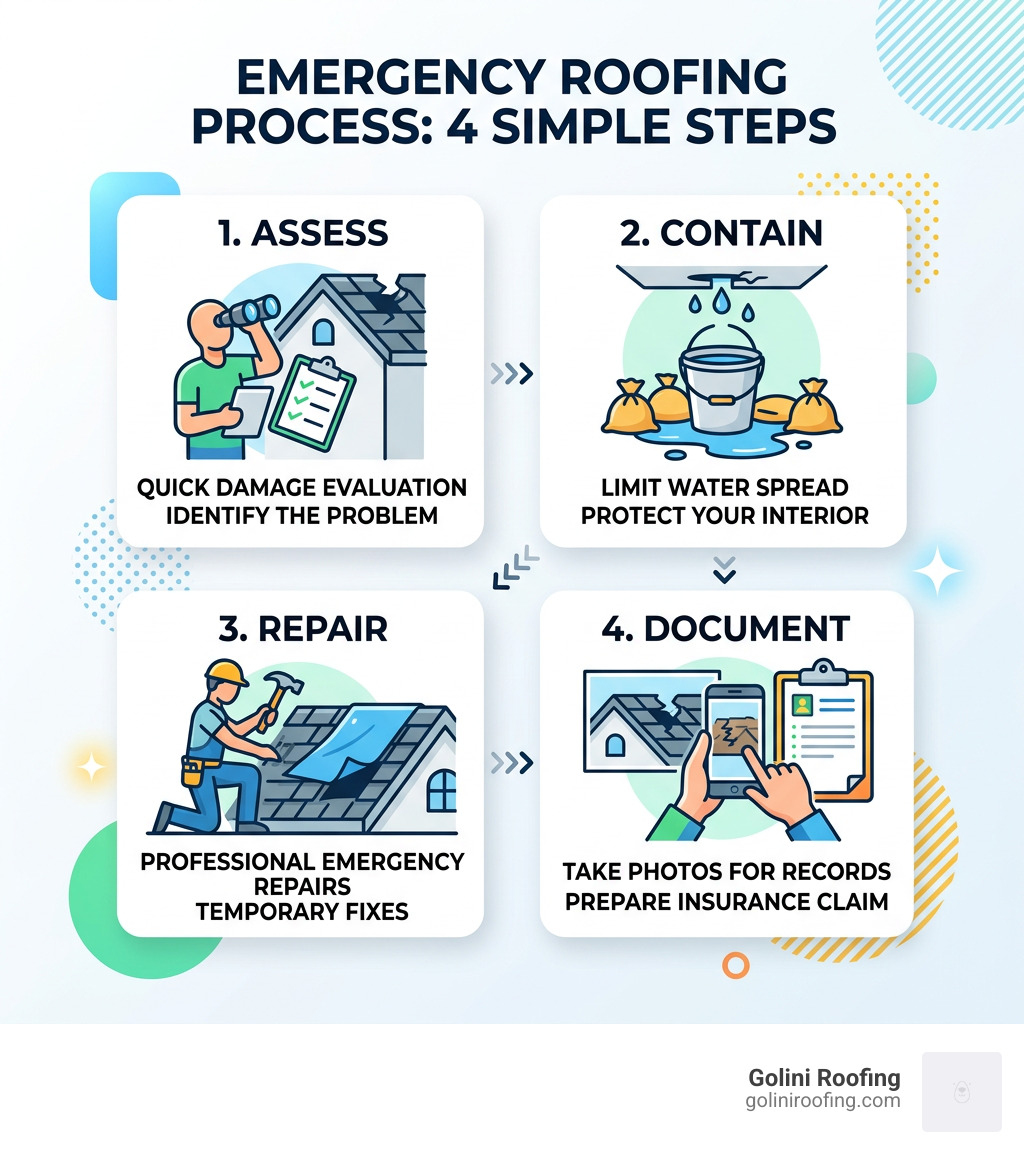 4-step emergency roofing process: assess, contain, repair, document for insurance - emergency roof repair reading 4-step emergency roofing process: assess, contain, repair, document for insurance - emergency roof repair reading