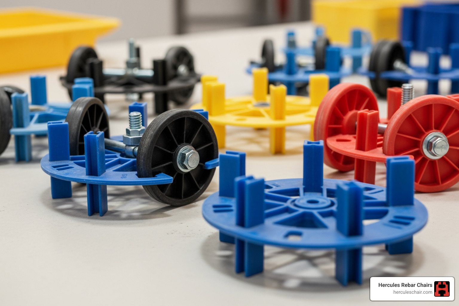 Various rebar chairs and spacer wheels for concrete construction - Concrete slab spacers