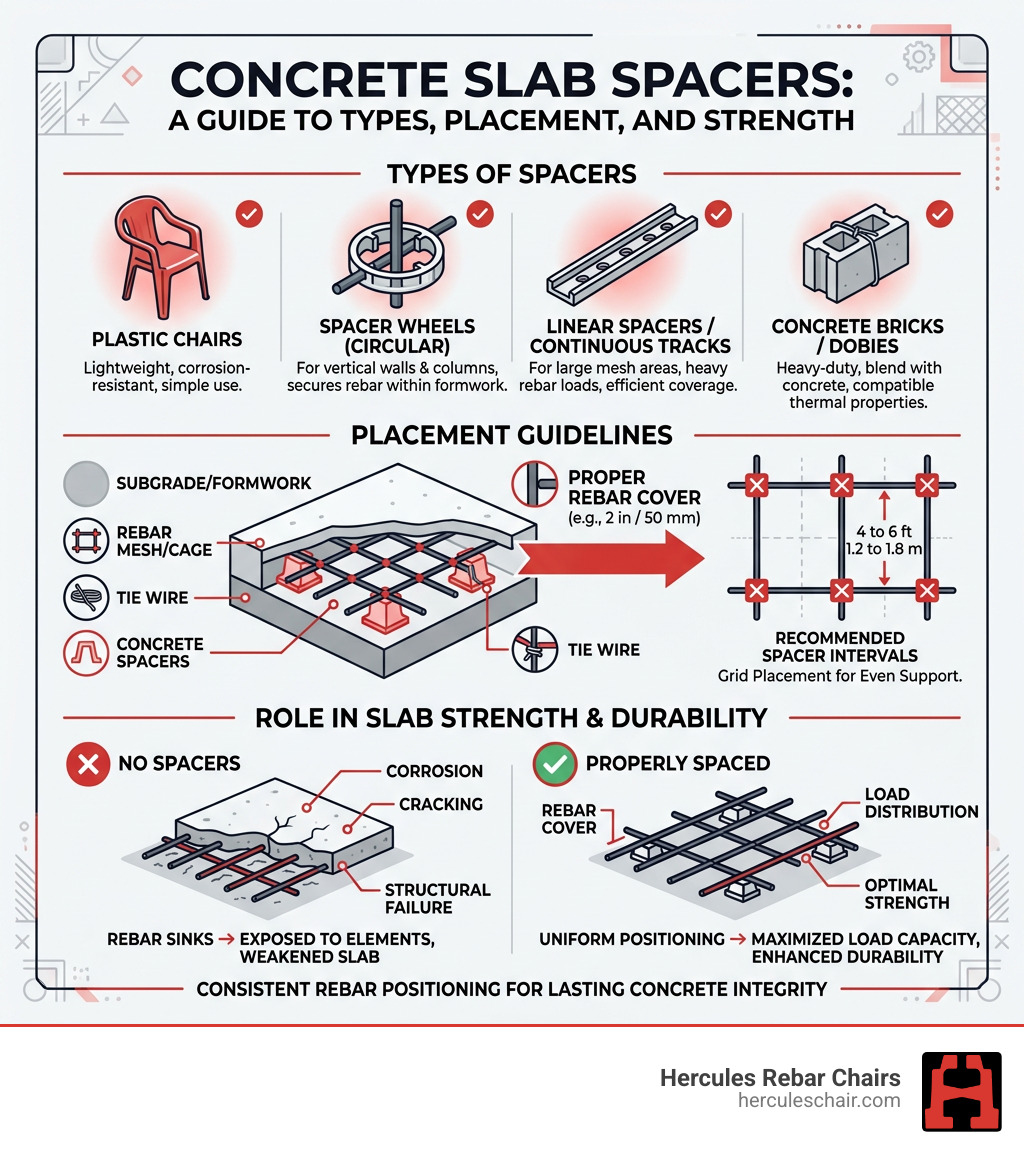 Infographic showing types of concrete slab spacers, their placement, and role in rebar cover and slab strength - Concrete