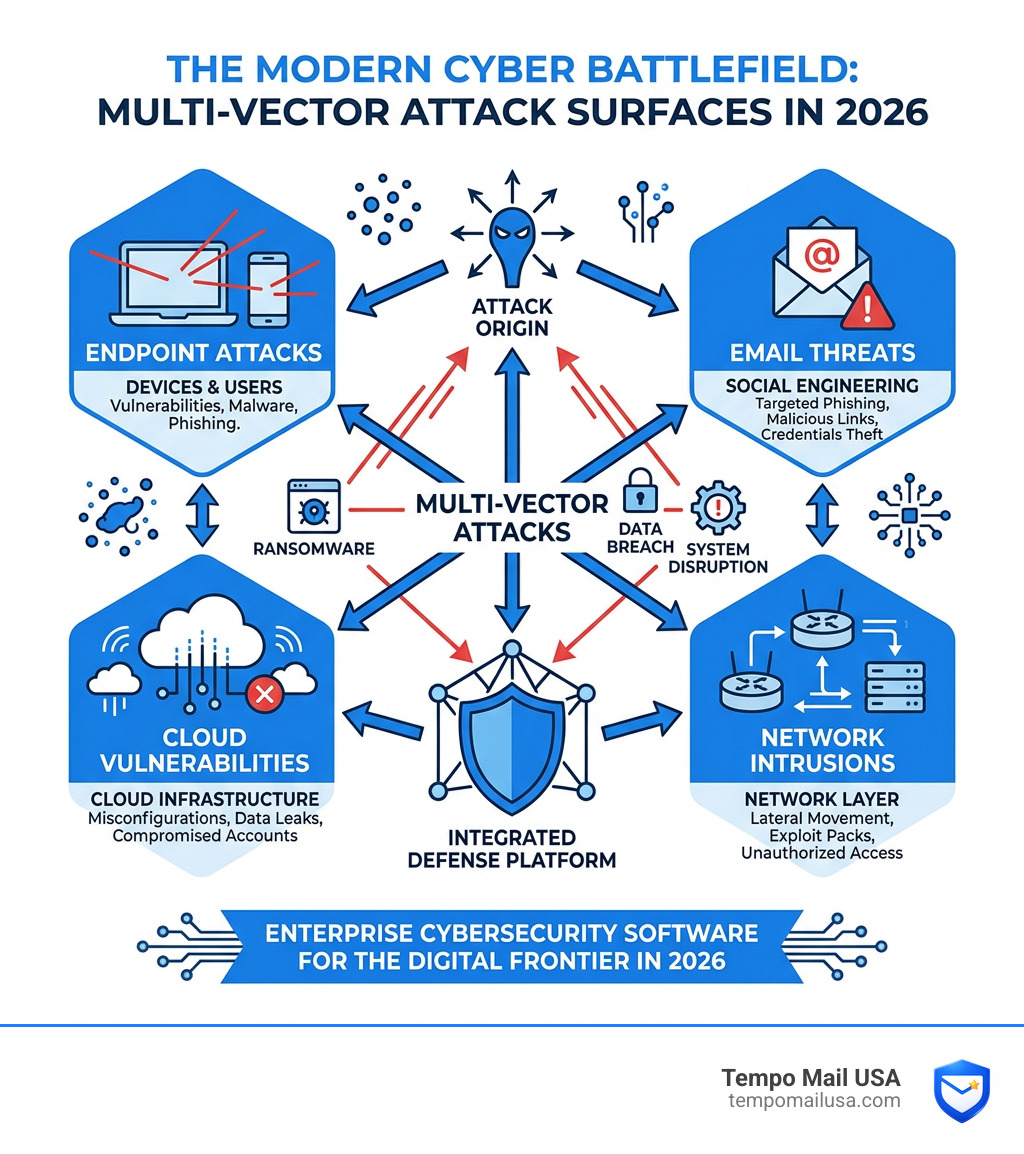 Modern cyber battlefield showing multi-vector attack surfaces across endpoint, email, cloud, and network - enterprise Modern cyber battlefield showing multi-vector attack surfaces across endpoint, email, cloud, and network - enterprise