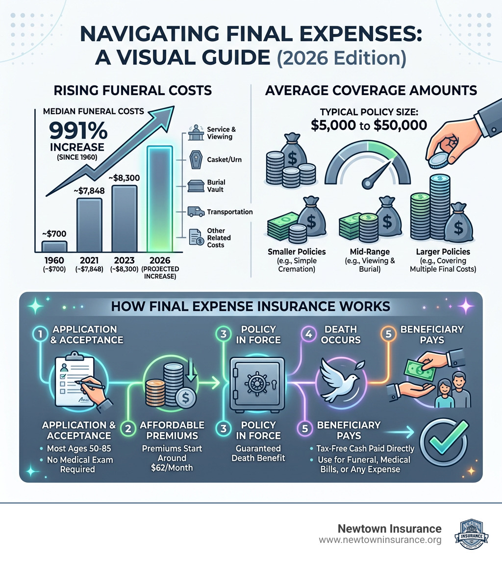 Infographic showing rising funeral costs, average coverage amounts, and how final expense insurance works - funeral expense