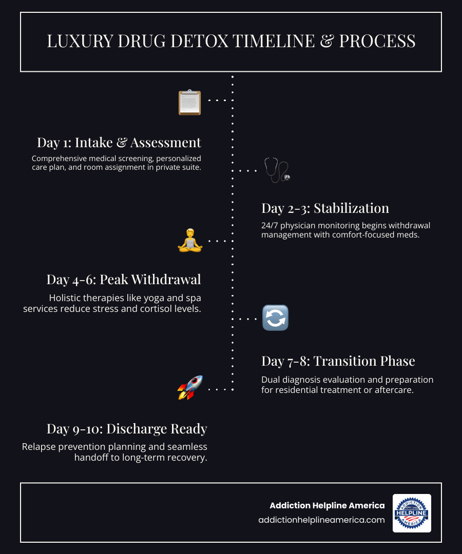 Luxury drug detox timeline and process infographic with calm color palette - luxury drug detox infographic