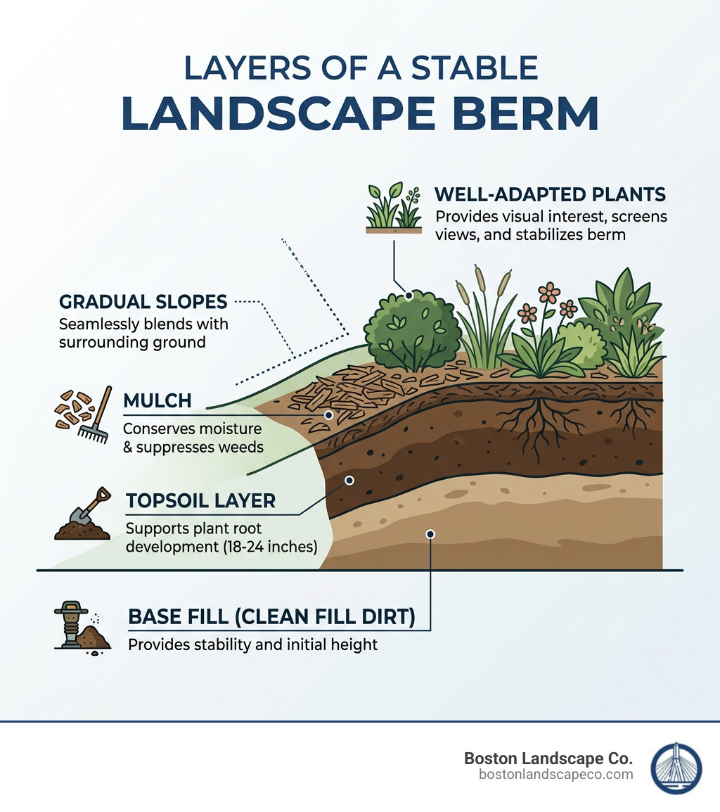 Infographic showing the layers of a stable landscape berm from base fill to topsoil to mulch and plants - berm landscape Infographic showing the layers of a stable landscape berm from base fill to topsoil to mulch and plants - berm landscape