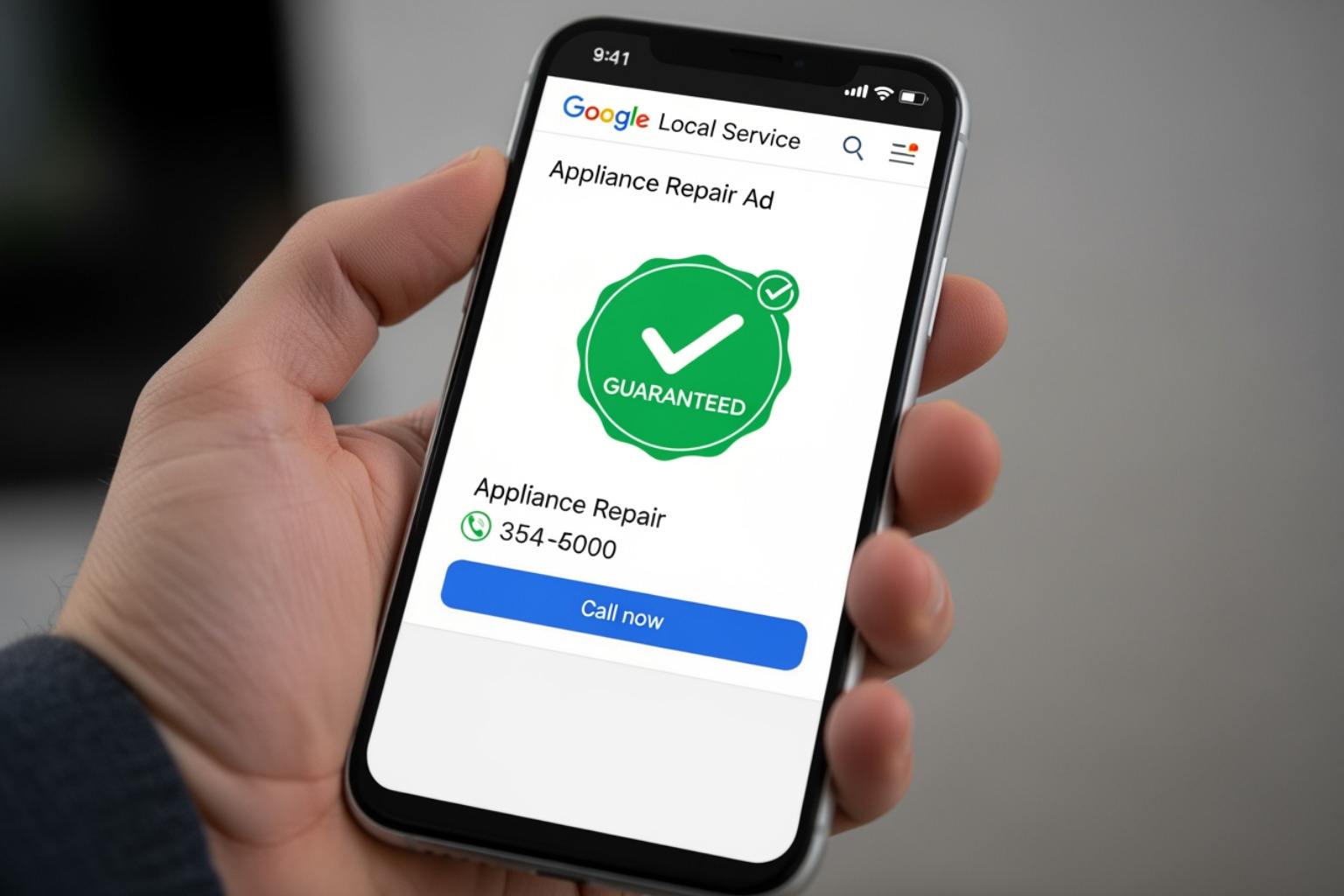 Mobile phone displaying a Local Service Ad for appliance repair - PPC ads for appliances