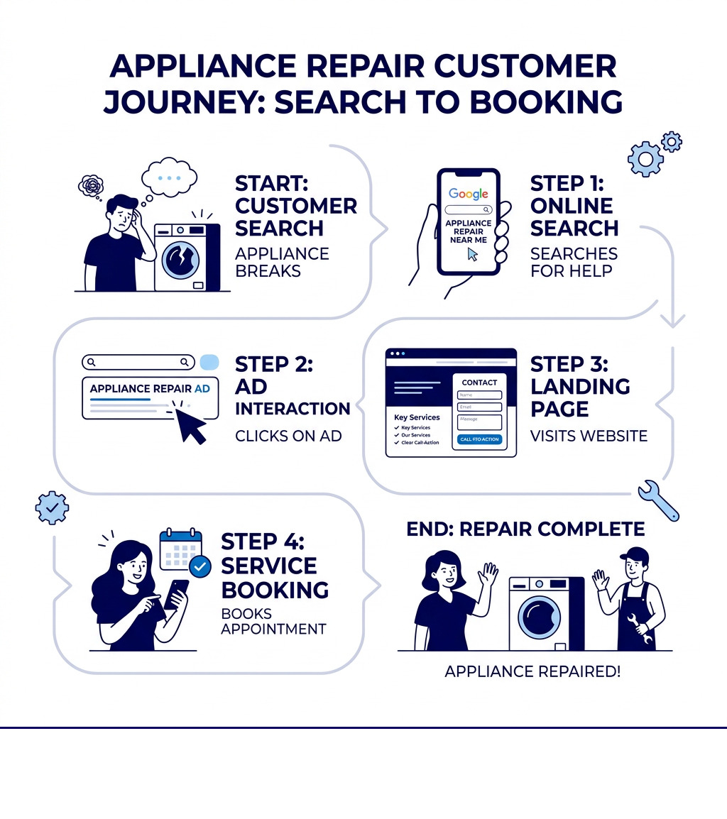 Appliance repair customer journey from search to booking infographic - PPC ads for appliances infographic 