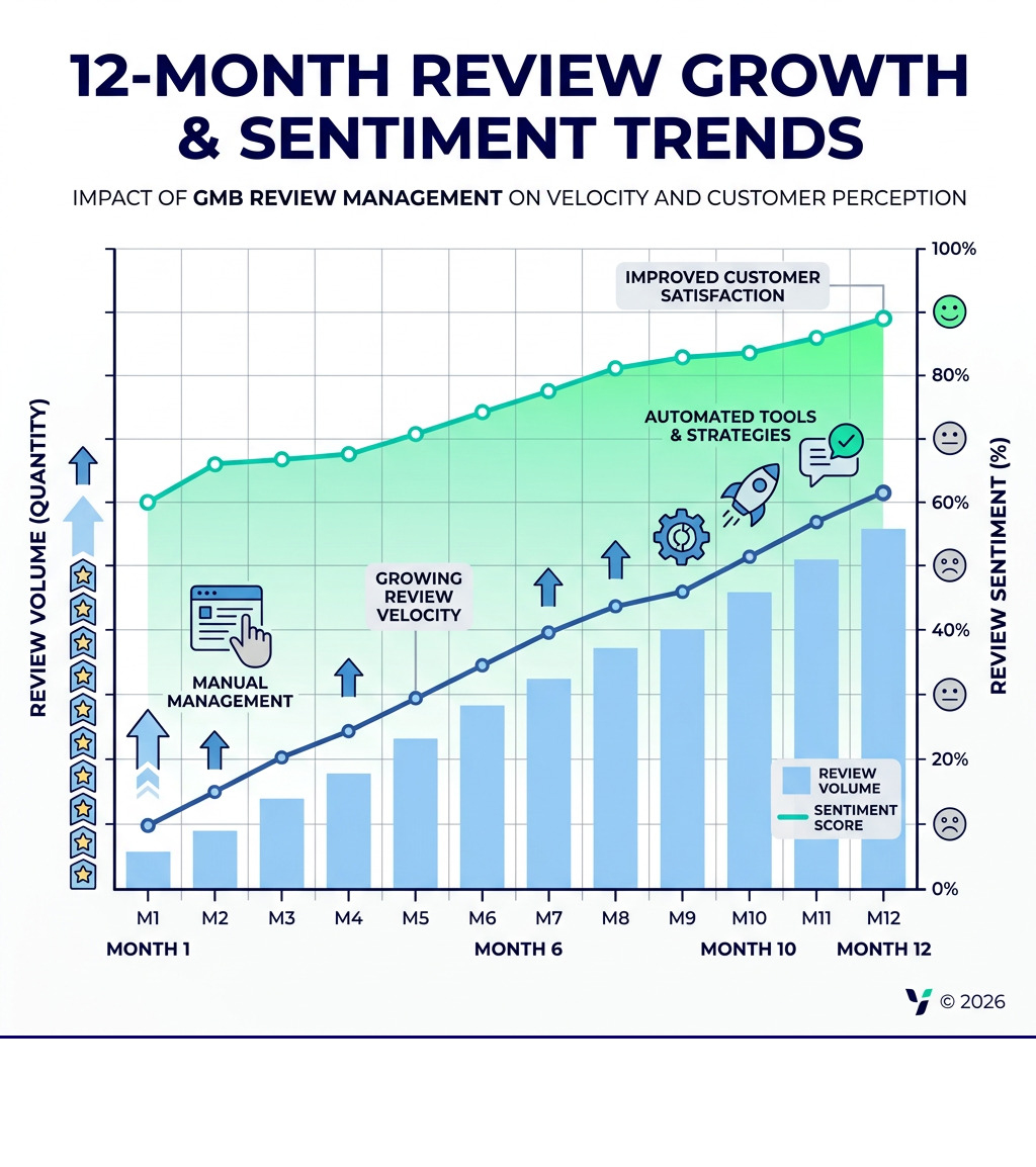 Review analytics chart showing growth in review volume and sentiment over 12 months - gmb review management infographic Review analytics chart showing growth in review volume and sentiment over 12 months - gmb review management infographic
