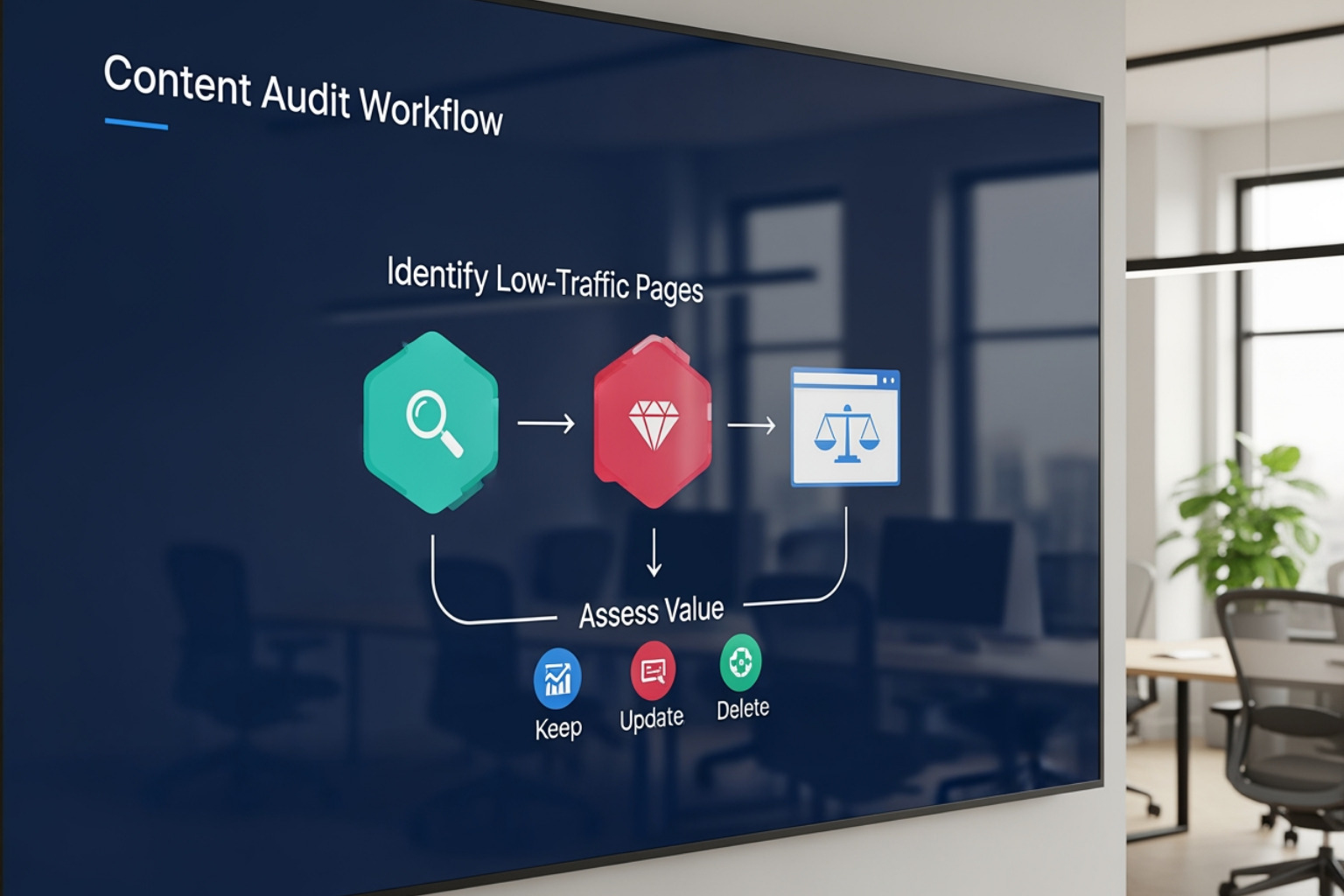 Content audit workflow: identify low-traffic pages, assess value, keep, update, or delete - iterative SEO strategy