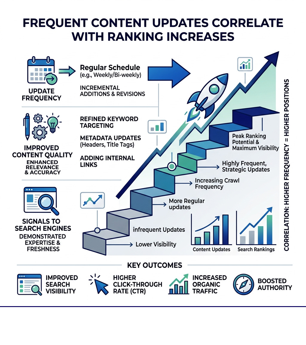 Infographic showing the correlation between frequent content updates and ranking increases - iterative SEO strategy