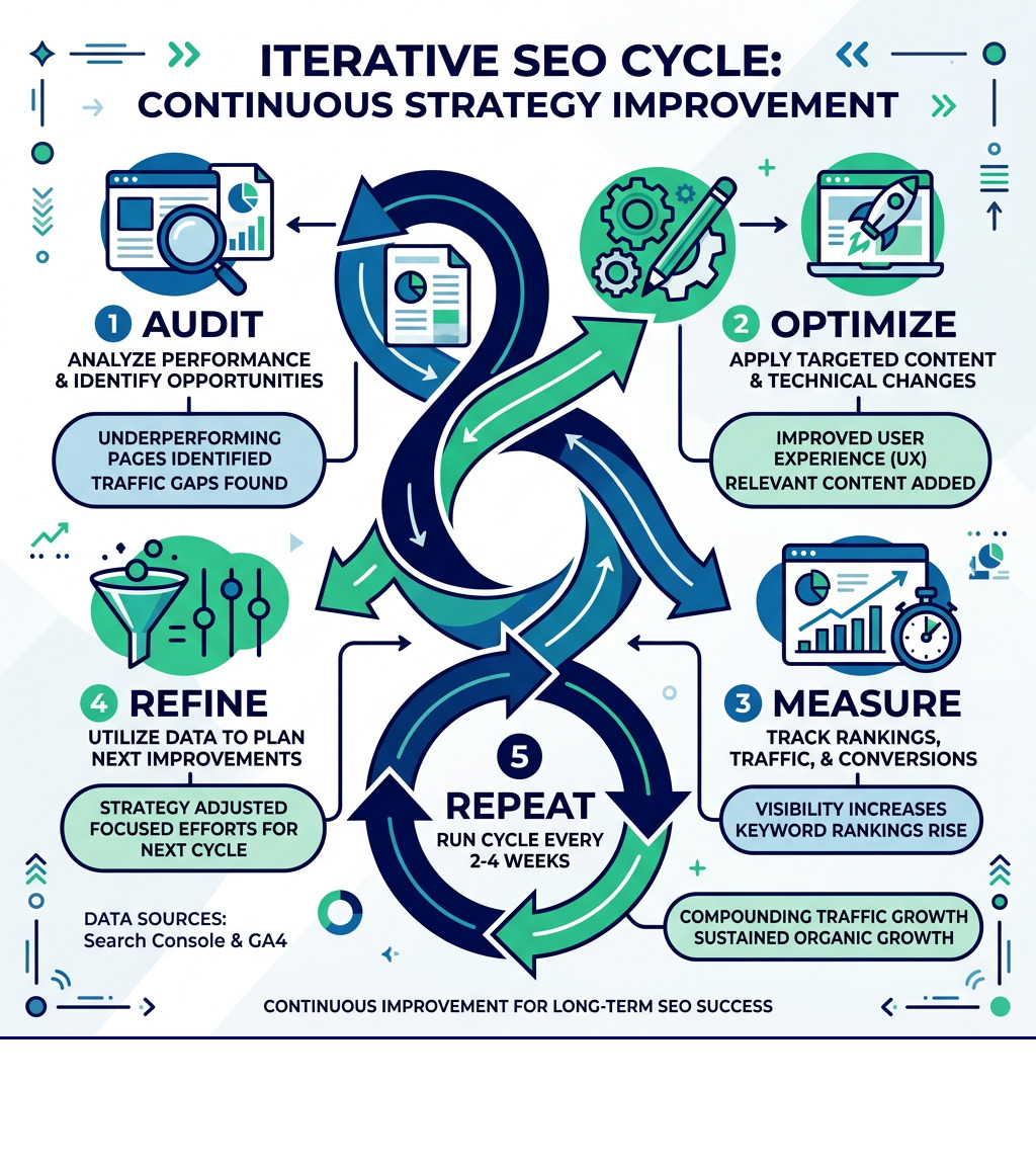 Iterative SEO cycle: audit, optimize, measure, refine, repeat with key outcomes at each stage - iterative SEO strategy