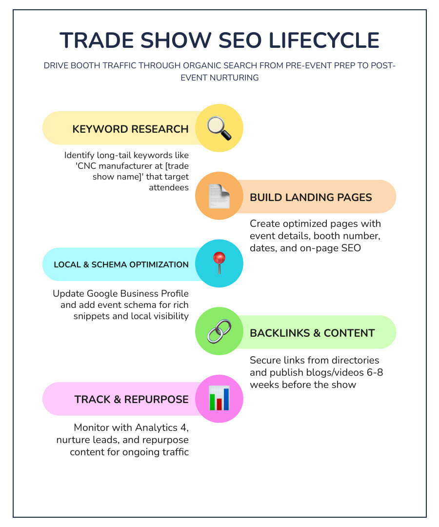 Trade show SEO lifecycle infographic from pre-show keyword research to post-event lead nurturing - Trade show traffic SEO Trade show SEO lifecycle infographic from pre-show keyword research to post-event lead nurturing - Trade show traffic SEO
