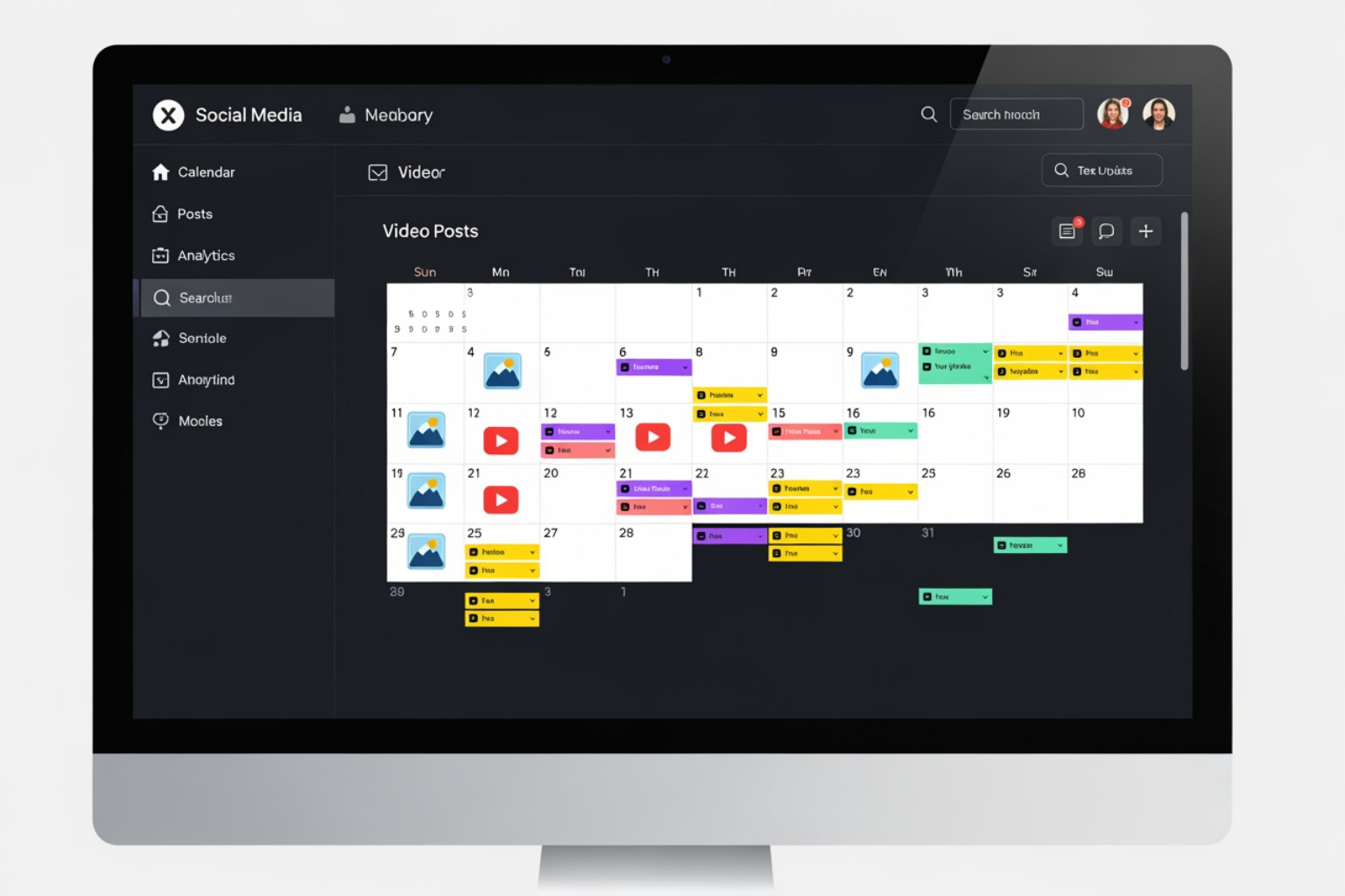 A social media scheduling dashboard showing a monthly calendar view with various post icons - facebook group content calendar