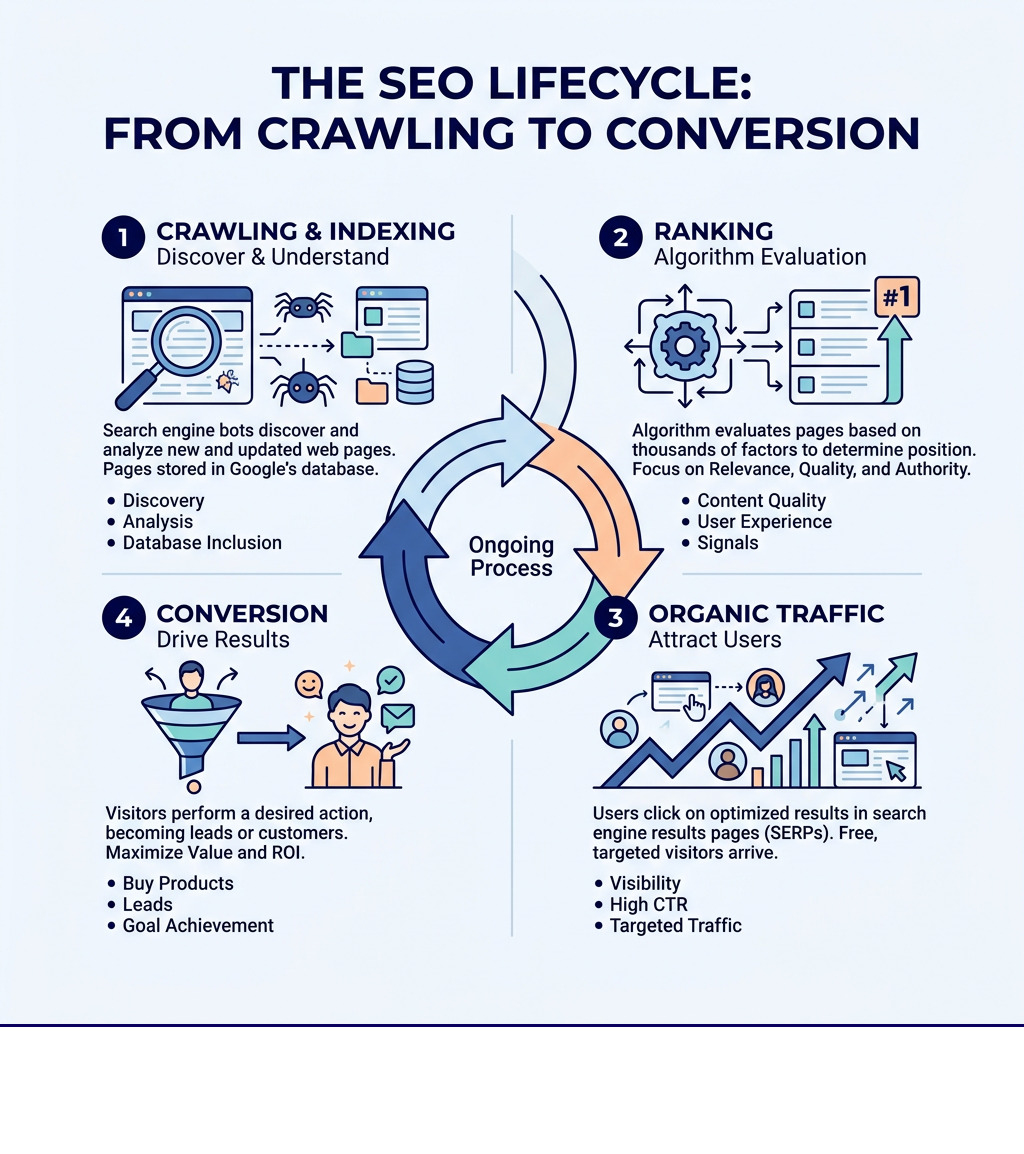 SEO lifecycle infographic from crawling and indexing through ranking to organic traffic and conversion - what is seo and how
