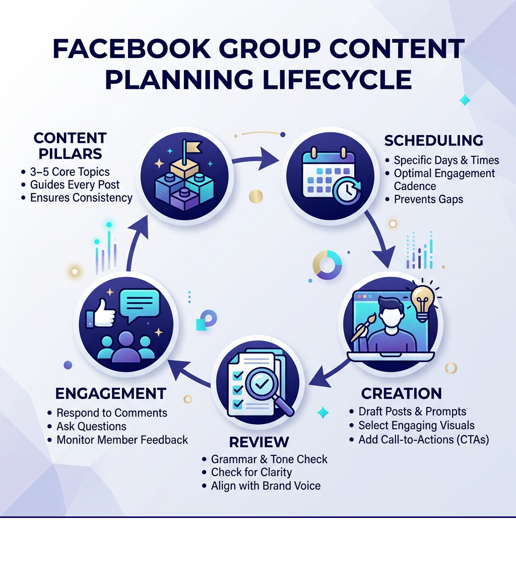 Content planning lifecycle infographic showing pillars, scheduling, creation, review, and engagement phases - facebook group
