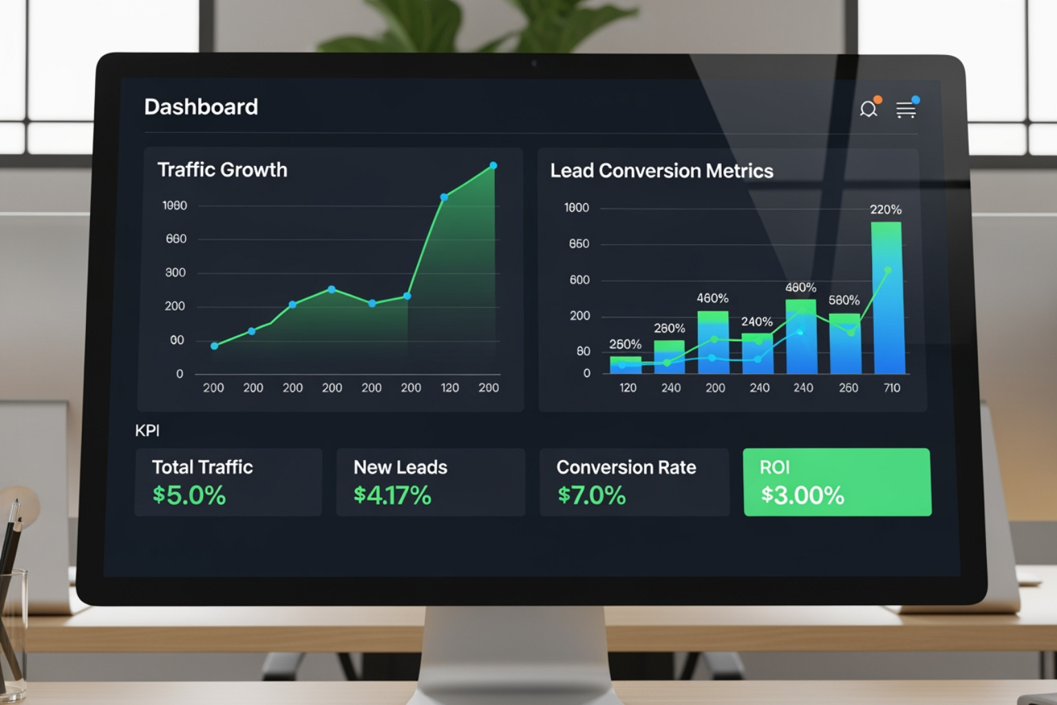 Digital dashboard showing traffic growth and lead conversion metrics after a trade show - Trade show traffic SEO guide Digital dashboard showing traffic growth and lead conversion metrics after a trade show - Trade show traffic SEO guide
