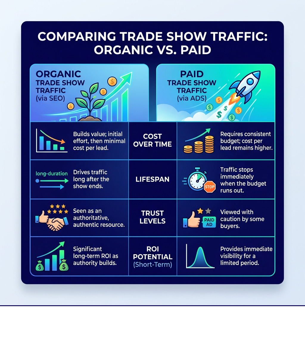 Comparison table of organic vs. paid trade show traffic showing long-term ROI and trust levels - Trade show traffic SEO Comparison table of organic vs. paid trade show traffic showing long-term ROI and trust levels - Trade show traffic SEO