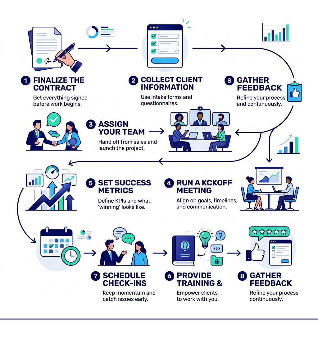 Client onboarding lifecycle infographic showing 8 steps from contract signing to feedback and improvement - client