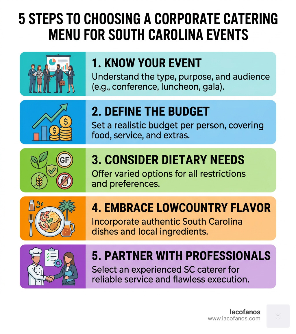 5 steps to choosing a corporate catering menu for SC events - corporate events South Carolina infographic 5 steps to choosing a corporate catering menu for SC events - corporate events South Carolina infographic