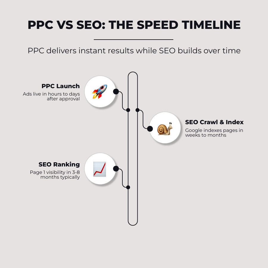 Timeline infographic comparing PPC results in hours/days vs SEO results in 3-8 months - ppc quicker results seo infographic Timeline infographic comparing PPC results in hours/days vs SEO results in 3-8 months - ppc quicker results seo infographic