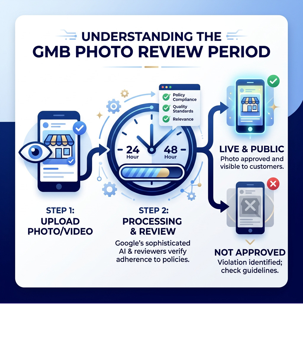 Infographic showing the 24-48 hour review period for new GMB photo uploads - Google My Business images infographic 