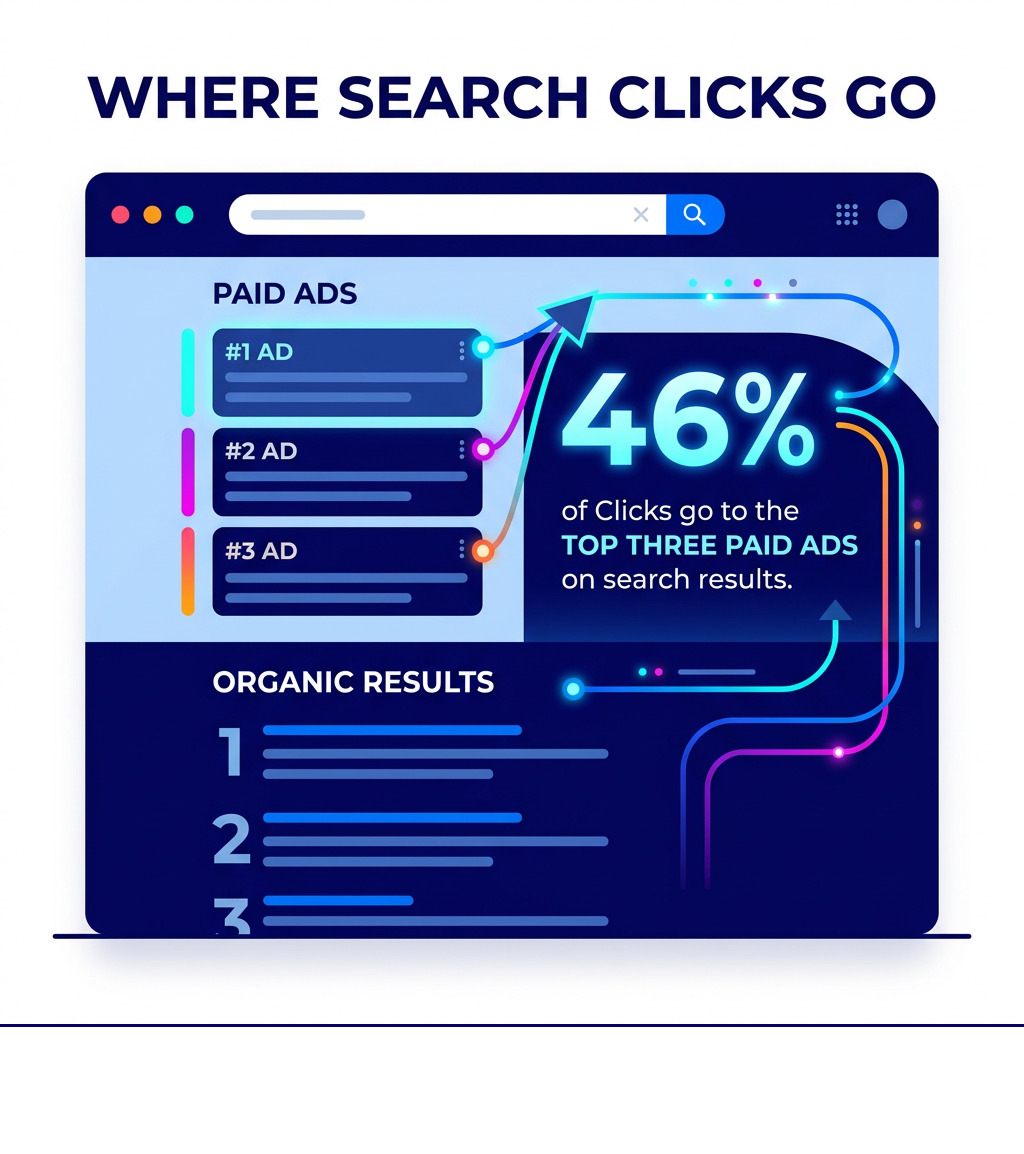 Infographic showing that 46% of clicks go to the top three paid ads on search results - ppc quicker results seo infographic Infographic showing that 46% of clicks go to the top three paid ads on search results - ppc quicker results seo infographic