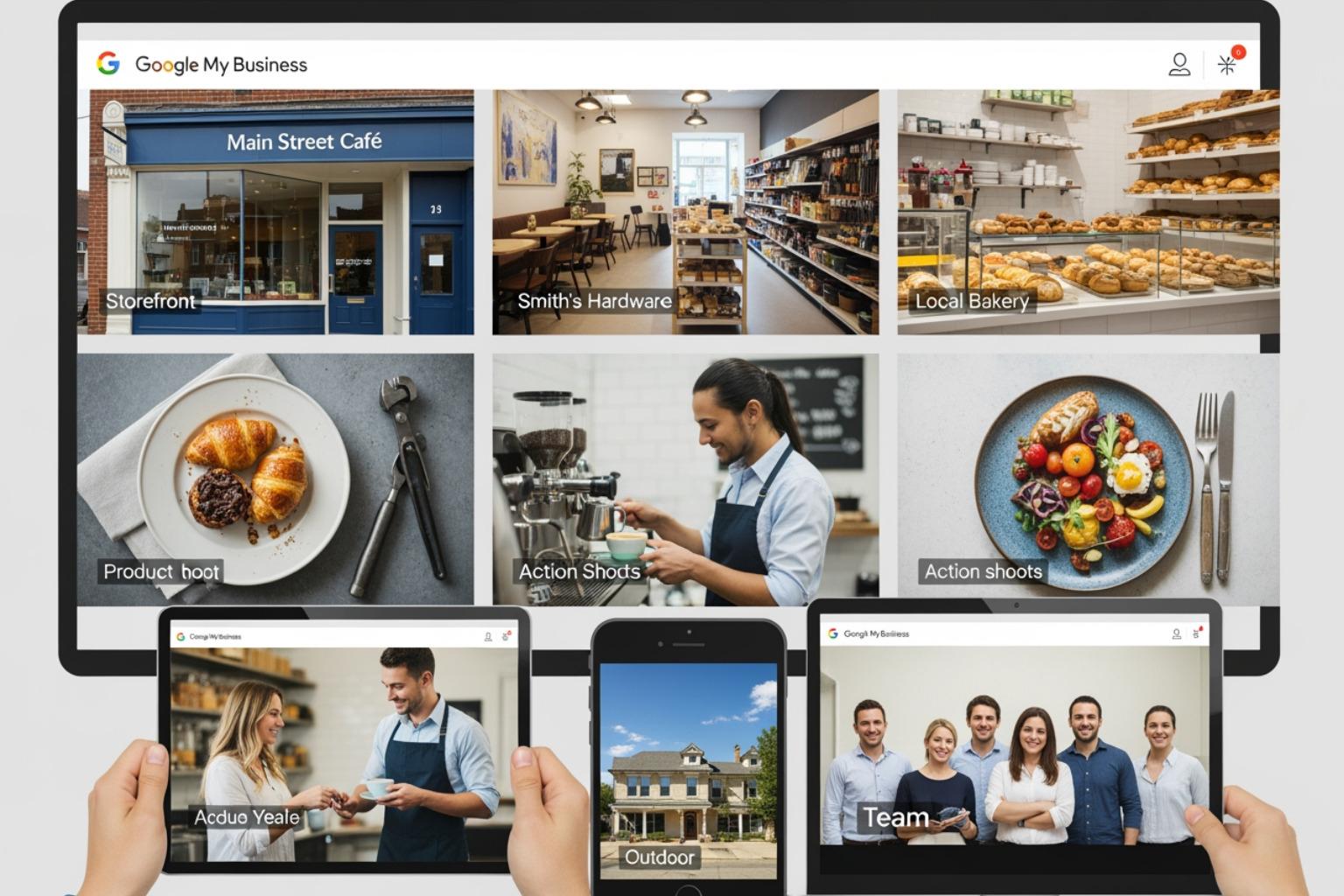 A collage showing exterior, interior, team, and product photos for a local business - Google My Business images