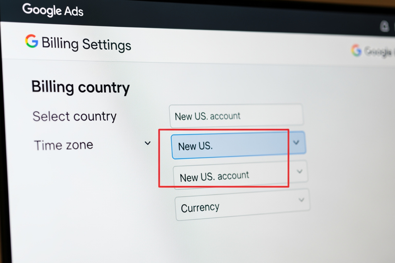 Google Ads billing settings configuration screen - create a google ads account