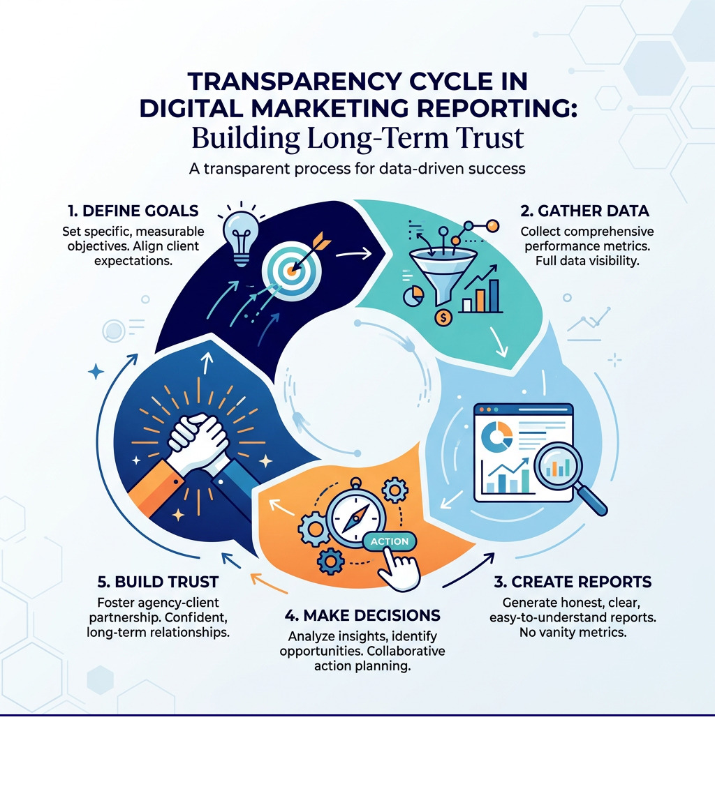 Transparency cycle in digital marketing reporting: goals, data, reporting, decisions, trust - importance of transparent