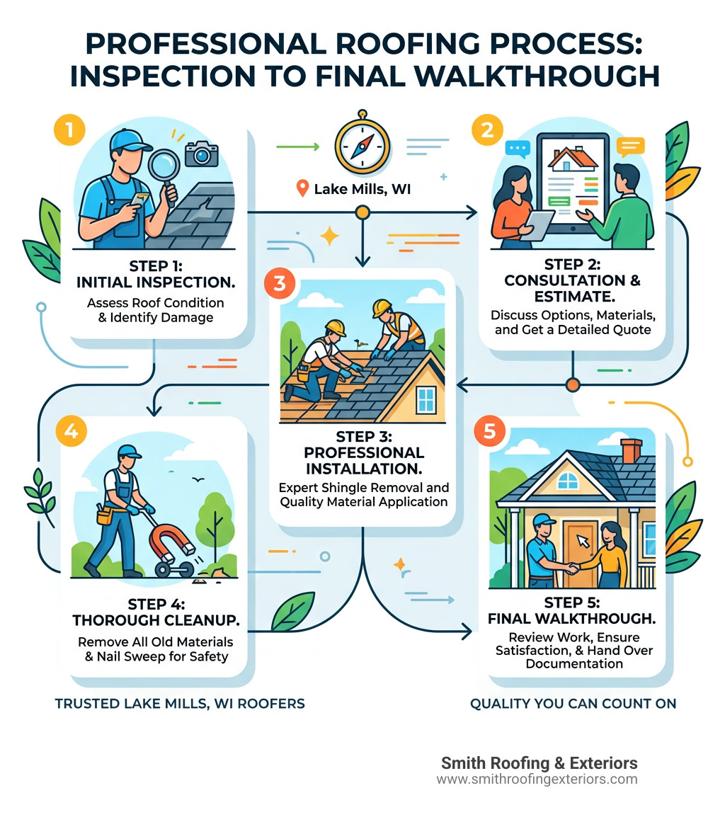 Infographic showing the professional roofing process steps from inspection to final walkthrough - roofers lake mills wi Infographic showing the professional roofing process steps from inspection to final walkthrough - roofers lake mills wi