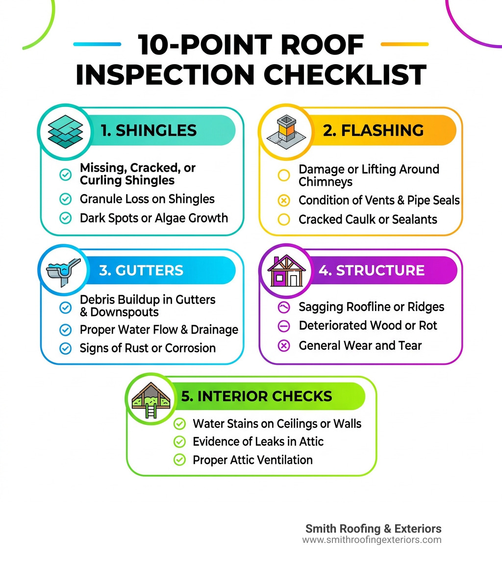 10-point roof inspection checklist infographic showing shingles, flashing, gutters, structure, and interior checks - roof 10-point roof inspection checklist infographic showing shingles, flashing, gutters, structure, and interior checks - roof