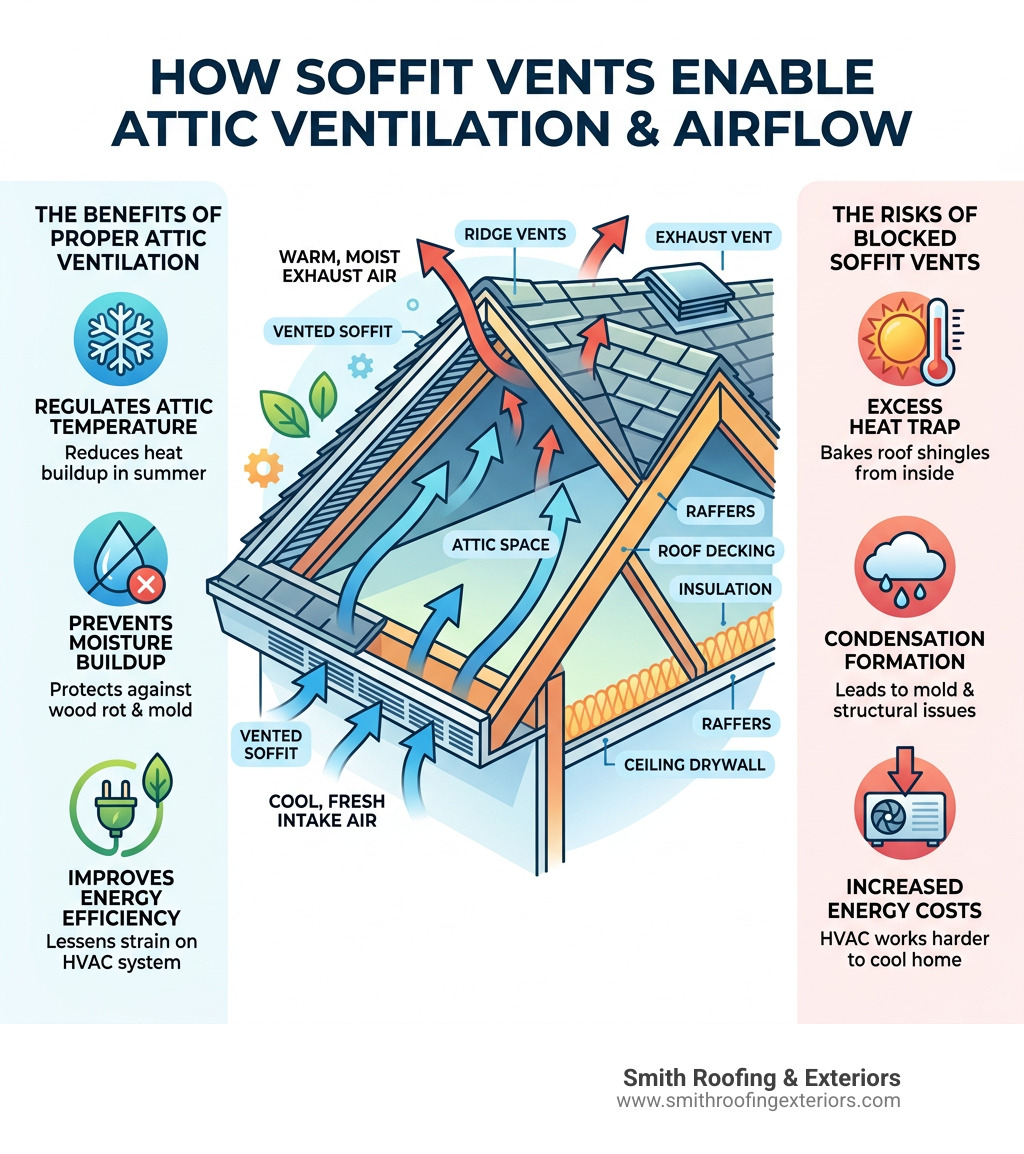 Illustration of attic airflow and ventilation through soffit vents - soffit repair services infographic Illustration of attic airflow and ventilation through soffit vents - soffit repair services infographic