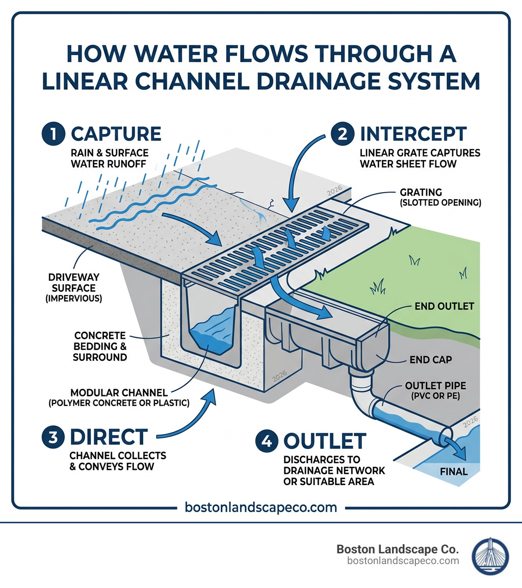 How water flows through a linear channel drainage system from surface to outlet pipe - channel drainage system infographic 