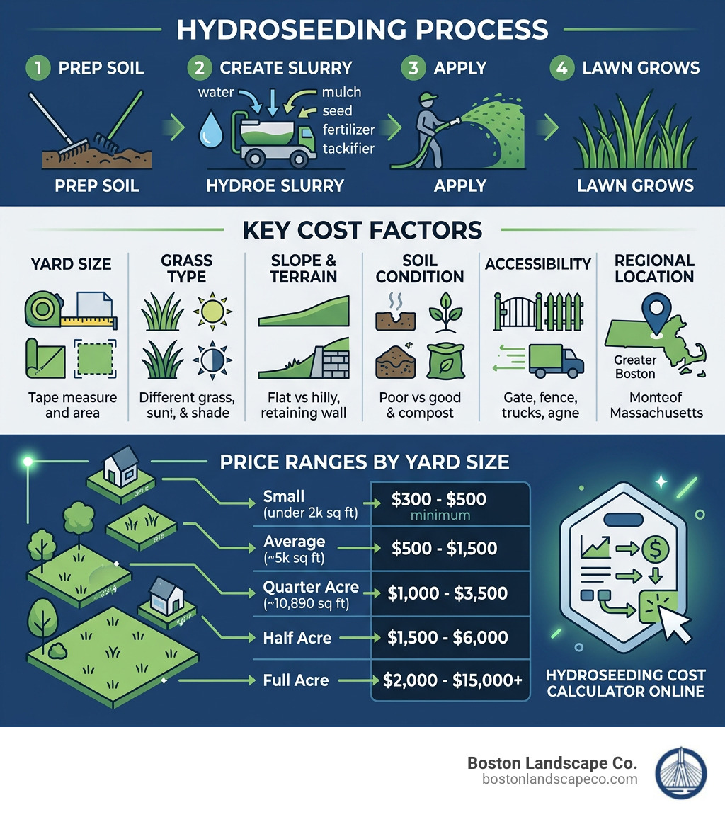 Infographic showing hydroseeding process steps, cost factors, and price ranges by yard size - hydroseeding cost calculator