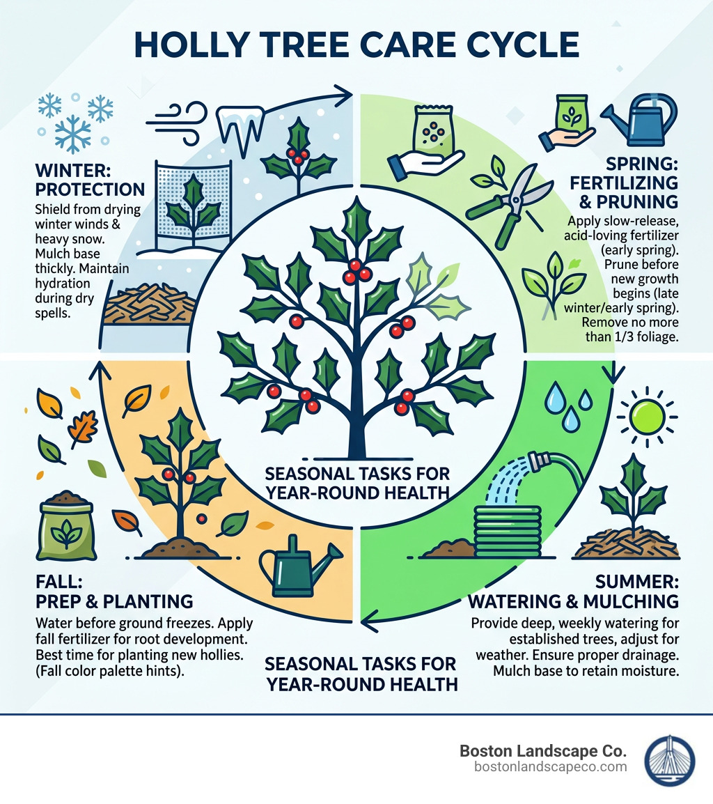 Holly Tree Care Cycle infographic showing seasonal tasks: spring fertilizing, summer watering, fall prep, winter protection