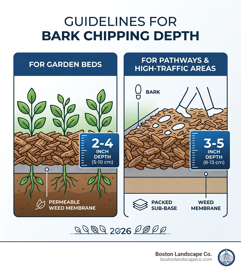 Infographic showing 2-4 inch depth for beds vs 3-5 inch depth for paths - edging for bark chippings infographic 