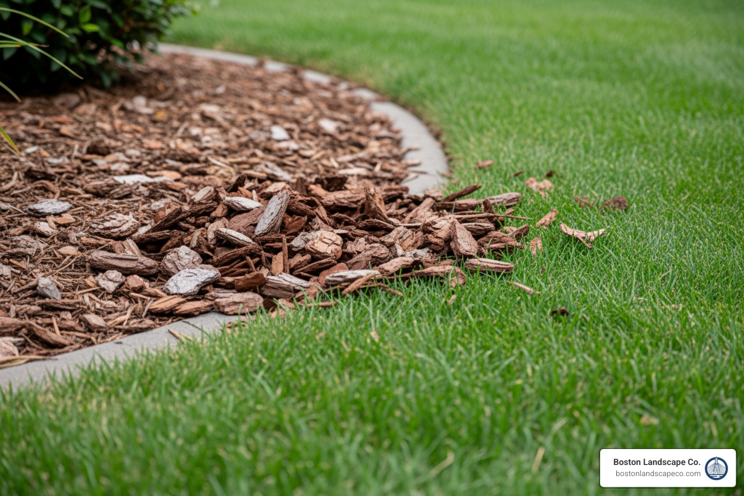 Bark chippings scattered onto a lawn without a proper border - edging for bark chippings