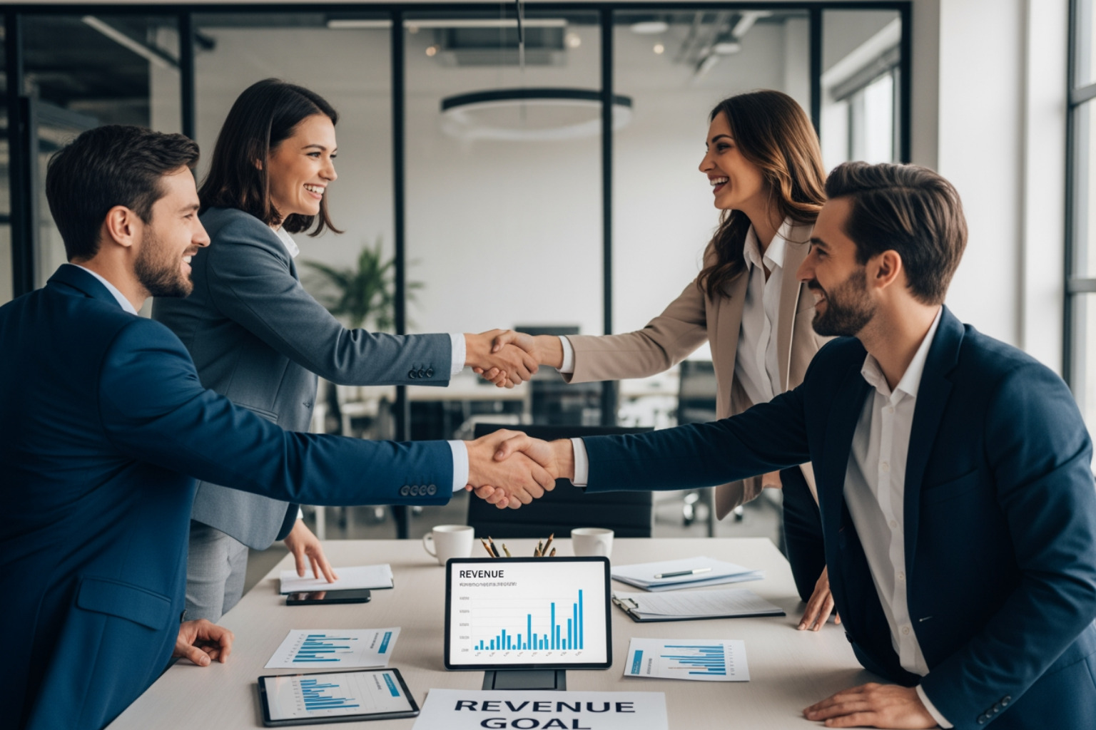 Sales and marketing alignment: two teams shaking hands over a shared revenue goal - what is cro in business Sales and marketing alignment: two teams shaking hands over a shared revenue goal - what is cro in business
